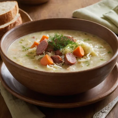 A hearty bowl of creamy sauerkraut soup served in a rustic brown bowl, filled with chunks of smoked sausage, carrots, and garnished with fresh dill.