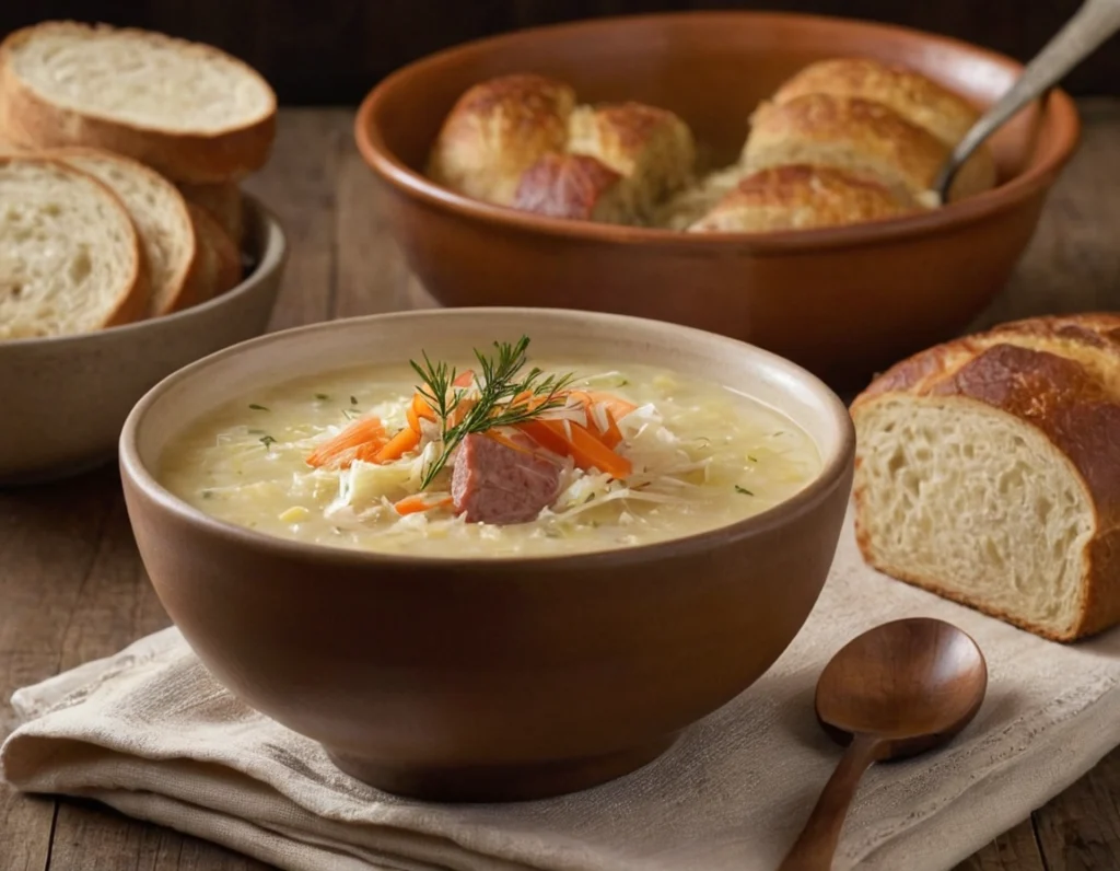 A rustic bowl of creamy sauerkraut soup garnished with fresh dill and sliced carrots, served with hearty bread on a wooden table.