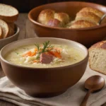 A rustic bowl of creamy sauerkraut soup garnished with fresh dill and sliced carrots, served with hearty bread on a wooden table.