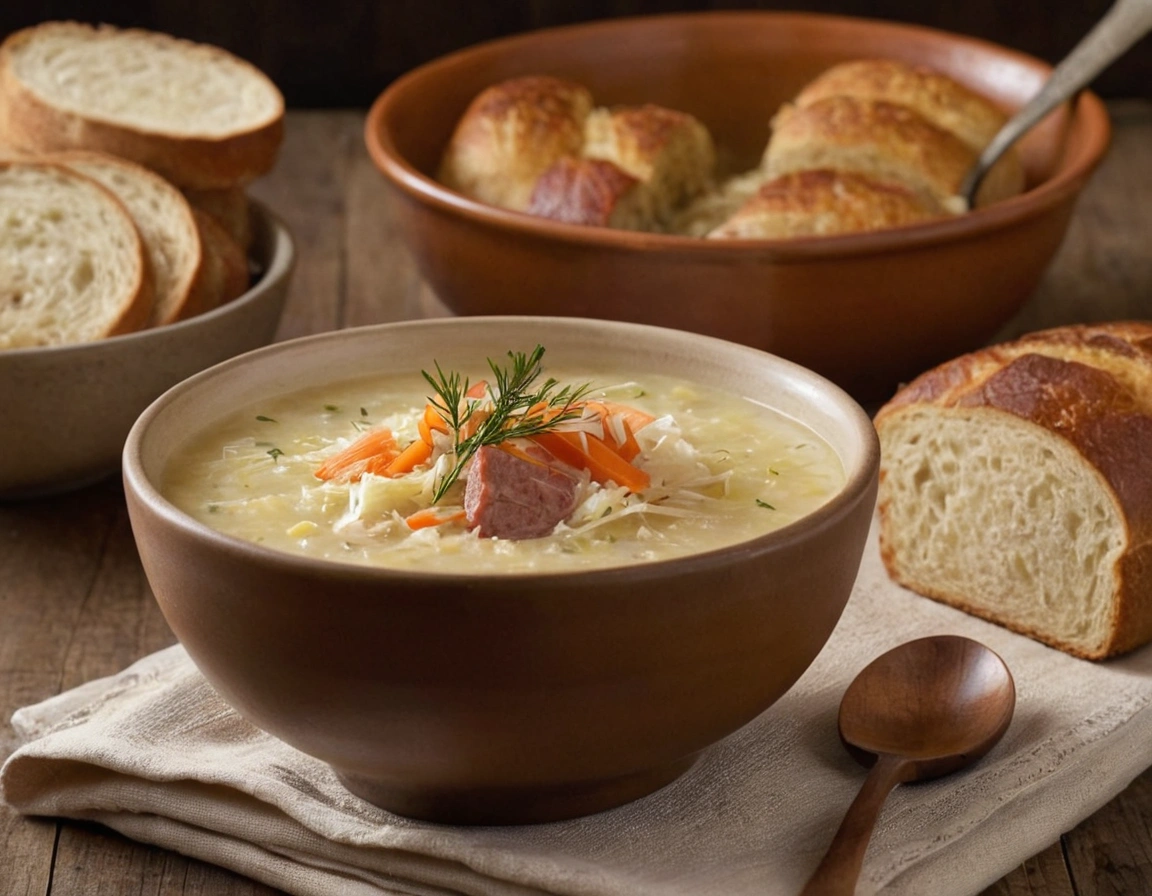 A rustic bowl of creamy sauerkraut soup garnished with fresh dill and sliced carrots, served with hearty bread on a wooden table.