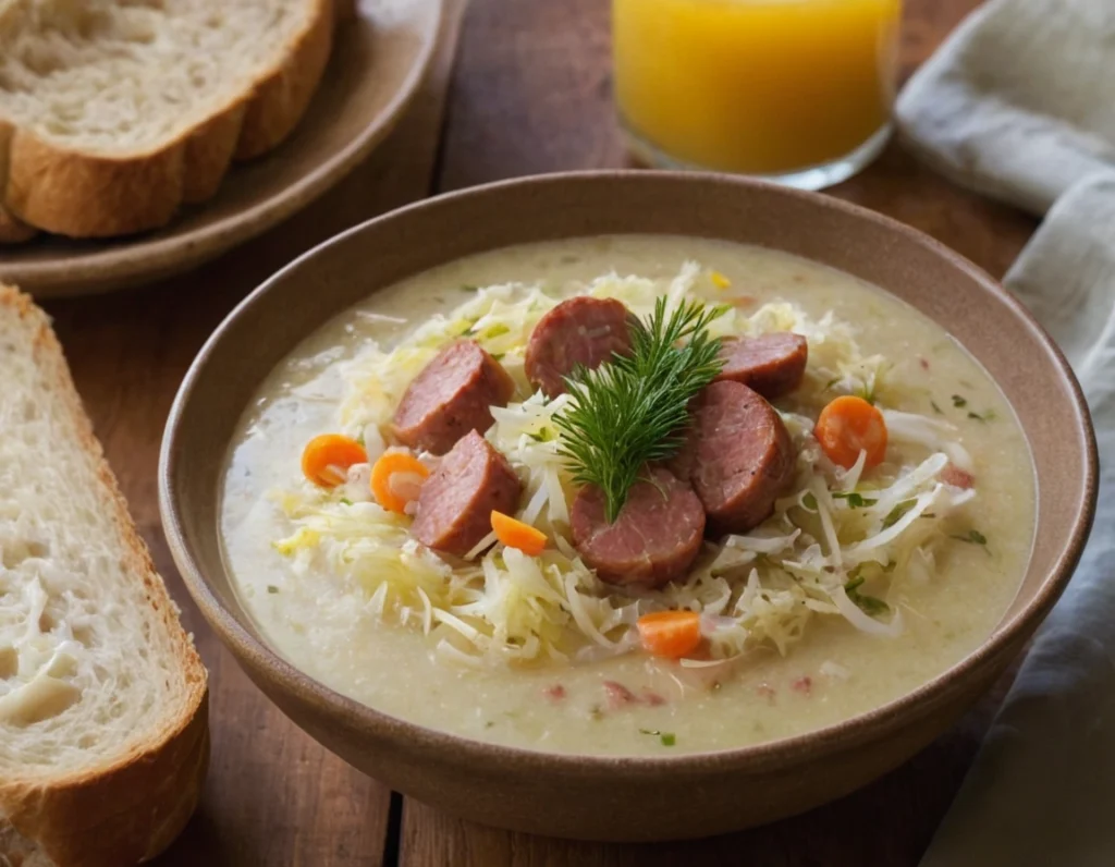 A bowl of creamy sauerkraut soup with sausage slices, carrots, and fresh dill garnish, served with slices of rustic bread on a wooden table.