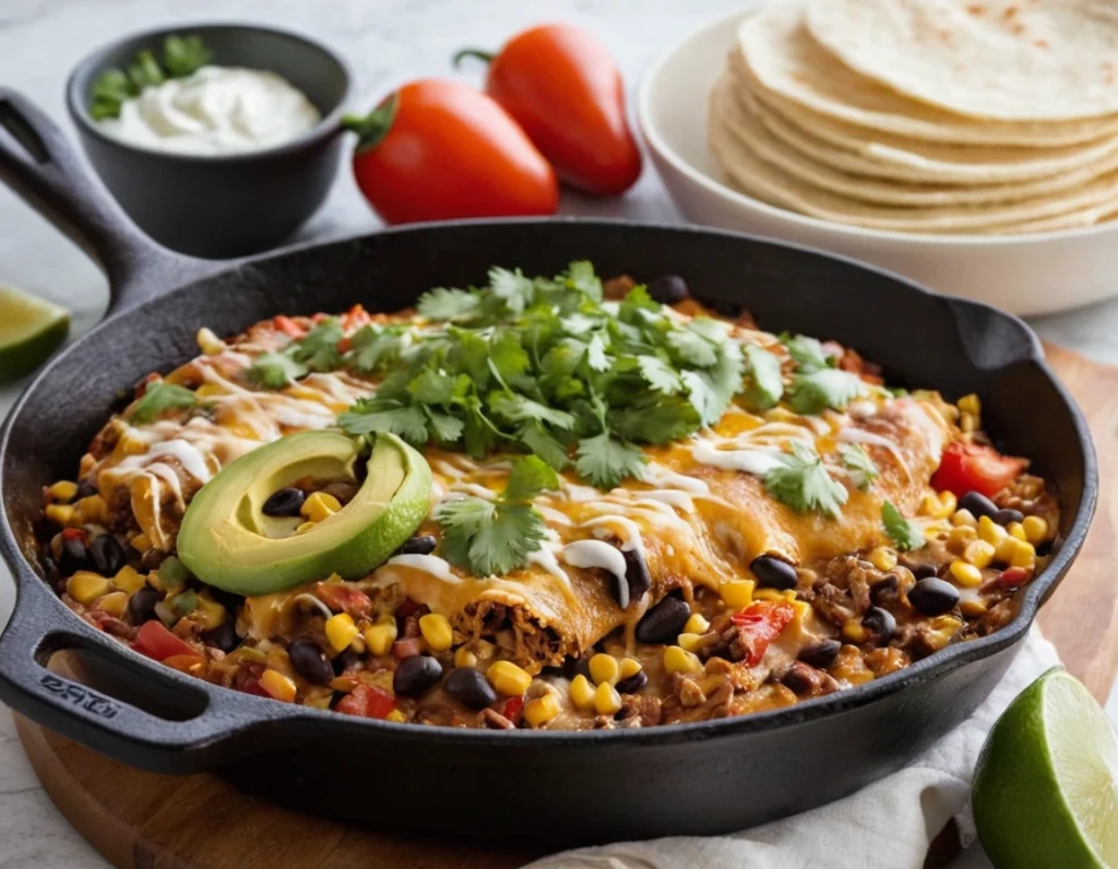 A healthy enchilada skillet topped with melted cheese, black beans, corn, and red peppers, garnished with fresh cilantro and sliced avocado, served in a black cast-iron skillet with tortillas, lime, and Greek yogurt on the side.