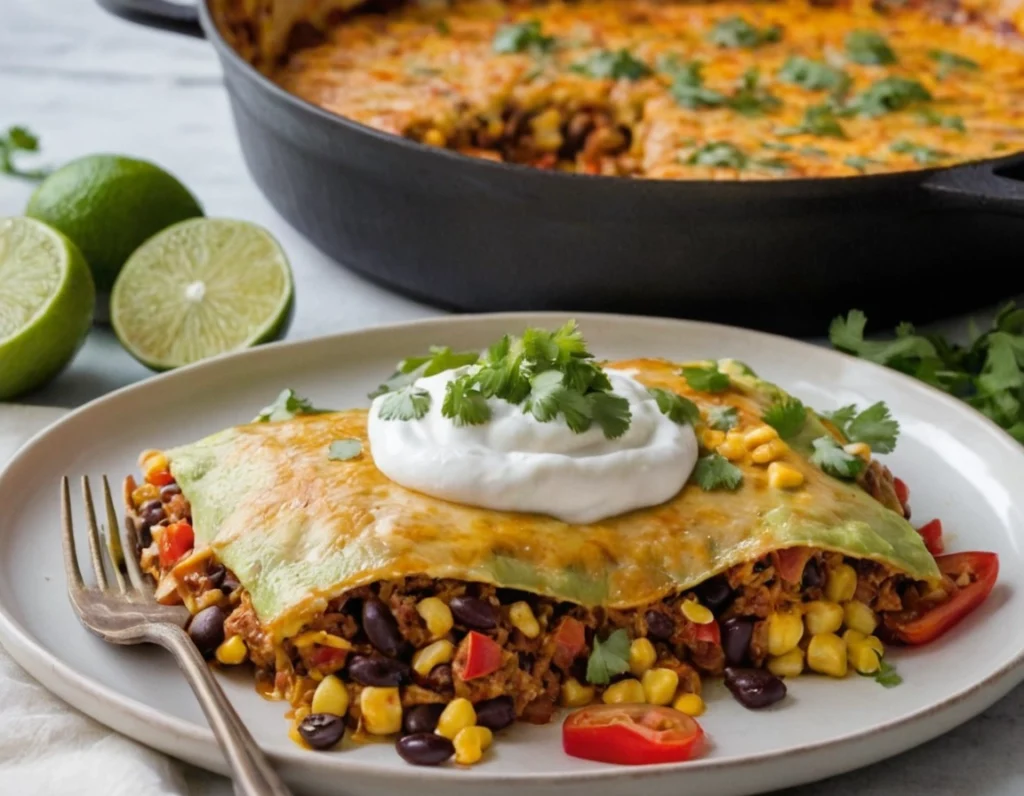 Healthy enchilada skillet bake served on a plate, featuring layers of black beans, corn, red bell peppers, melted cheese, and topped with sour cream and fresh cilantro, with lime wedges in the background.