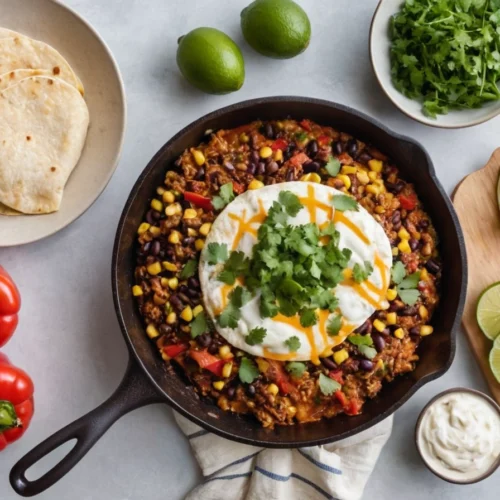 Healthy enchilada skillet in a cast-iron pan, topped with melted cheese, creamy yogurt, cilantro, and served with tortillas, lime wedges, and fresh bell peppers.