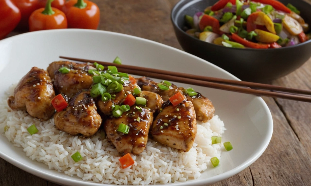 Black pepper chicken with bell peppers and green onions served over white rice on a white plate.