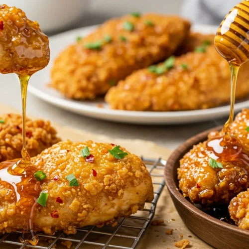 Close-up of crispy baked hot honey chicken tenders garnished with herbs and drizzled with sweet chili honey sauce