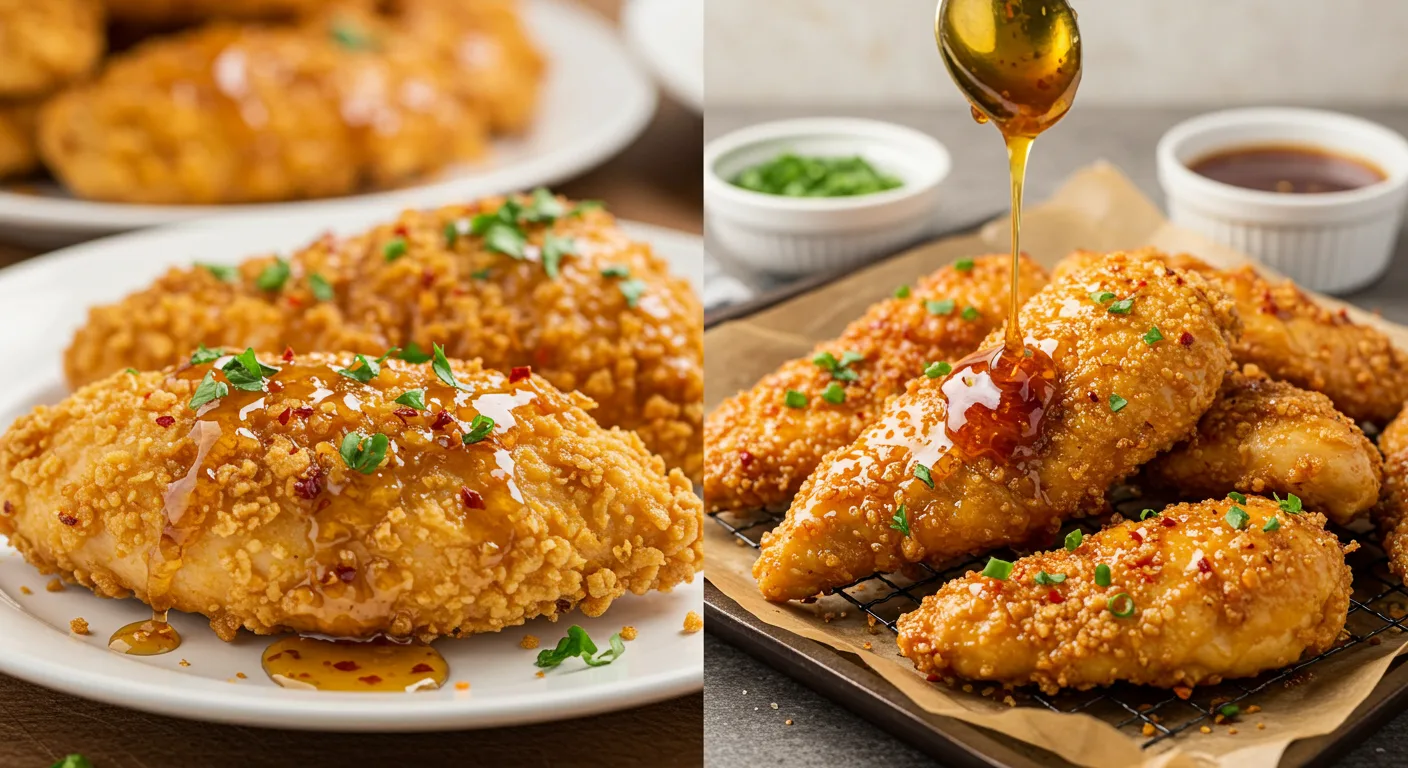 Baked crunchy hot honey chicken tenders drizzled with golden honey, served on a wire rack and wooden plate
