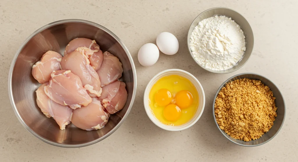 Raw chicken thighs, eggs, flour, and crushed coating in bowls prepared for breading on a kitchen counter