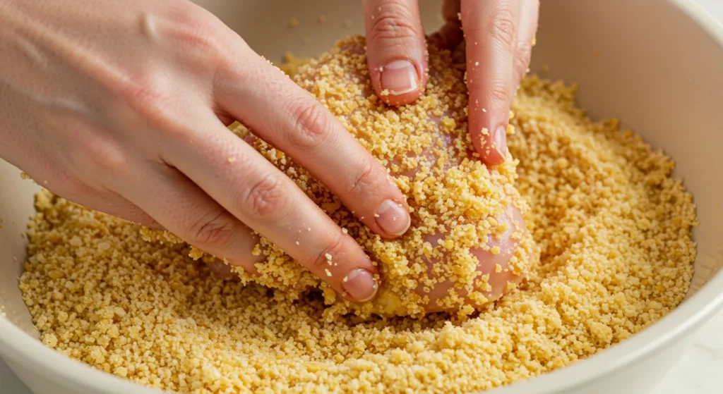 Hands breading raw chicken in a bowl of golden breadcrumbs.