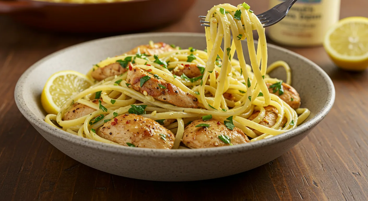 Creamy linguine pasta with seared chicken breast slices, garnished with parsley and served with a lemon wedge.