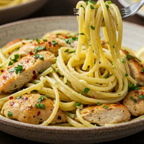 Close-up of Cowboy Butter Chicken Linguine served in a bowl with seared chicken, lemon slices, and creamy butter sauce.