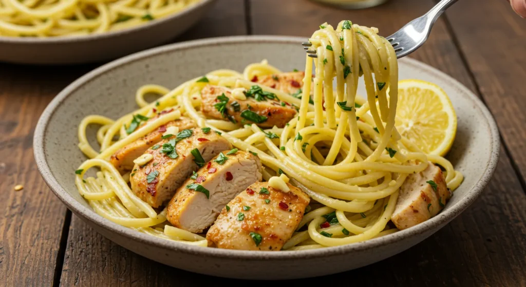 Cowboy Butter Chicken Linguine pasta twirled on a fork with juicy chicken slices, garnished with parsley and served with a lemon wedge.