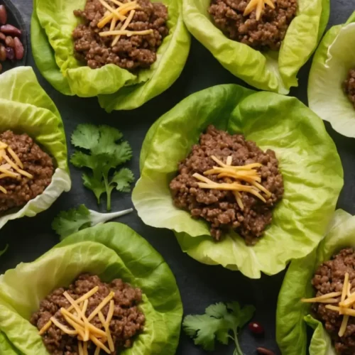 Ground beef lettuce wraps topped with shredded cheddar, served on fresh lettuce leaves with kidney beans and cilantro garnish.