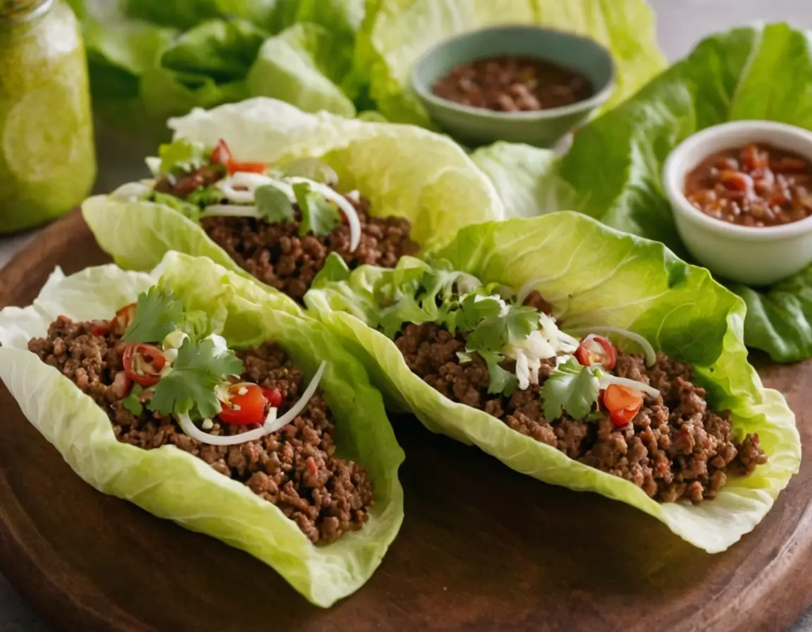 Ground beef lettuce cups on a slate surface, garnished with cilantro leaves, featuring a savory beef filling and shredded cheese topping.