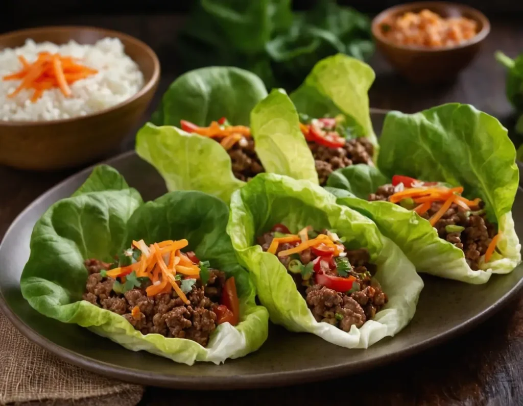 A close-up view of ground beef lettuce wraps with shredded cheese, on a dark background with cilantro and beans for decoration.