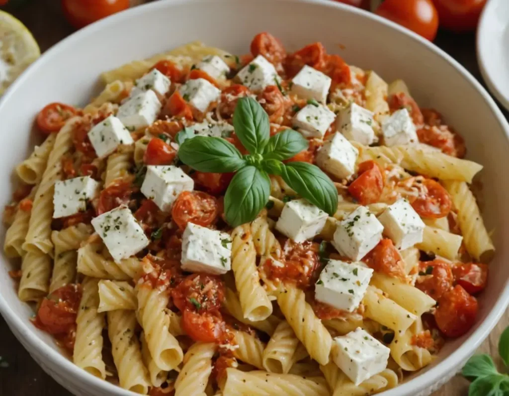 A bowl of baked feta pasta featuring creamy feta cubes, roasted cherry tomatoes, and fusilli pasta, garnished with fresh basil leaves.