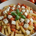 A bowl of baked feta pasta featuring creamy feta cubes, roasted cherry tomatoes, and fusilli pasta, garnished with fresh basil leaves.