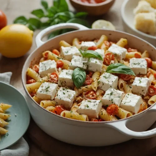 A baking dish filled with baked feta pasta, featuring golden-brown feta cubes, roasted cherry tomatoes, and penne pasta, garnished with fresh herbs and basil.