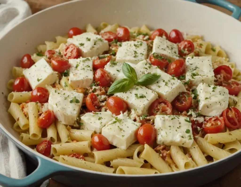A baking dish filled with baked feta pasta, featuring golden-brown feta cubes, roasted cherry tomatoes, and penne pasta, garnished with fresh herbs and basil.