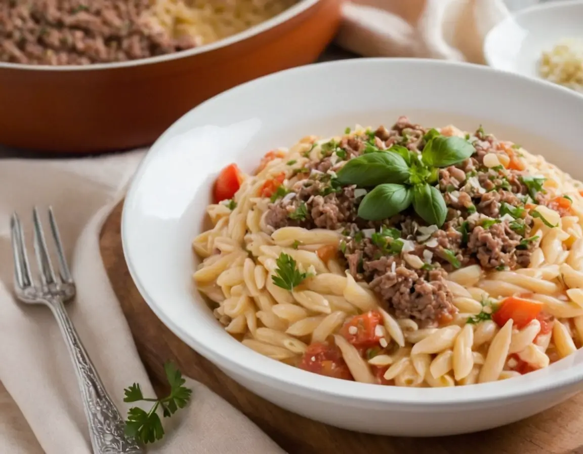 Ground Beef Orzo with Tomato Cream Sauce