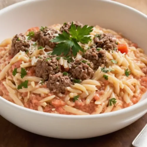 Ground Beef Orzo with Tomato Cream Sauce