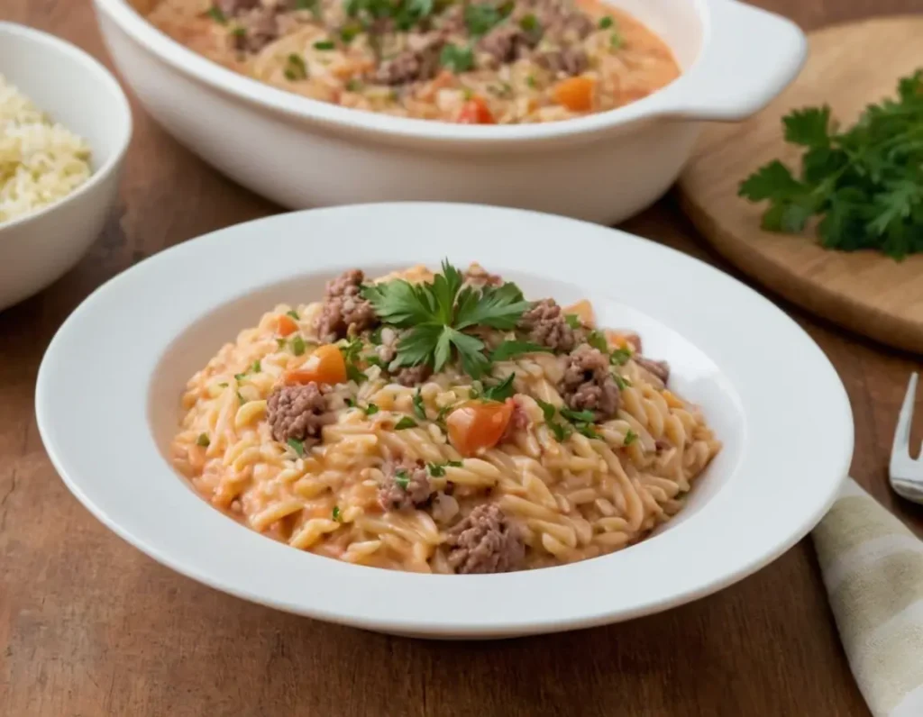 Ground Beef Orzo with Tomato Cream Sauce