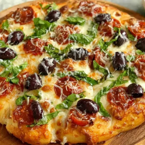 Freshly baked homemade Italian pizza topped with pepperoni, black olives, shredded cheese, and fresh basil leaves on a wooden board.