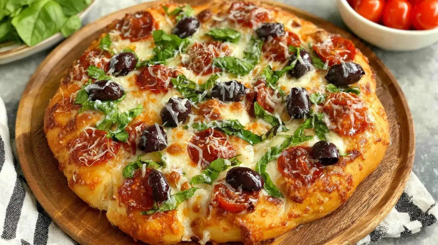 Freshly baked homemade Italian pizza topped with pepperoni, black olives, shredded cheese, and fresh basil leaves on a wooden board.