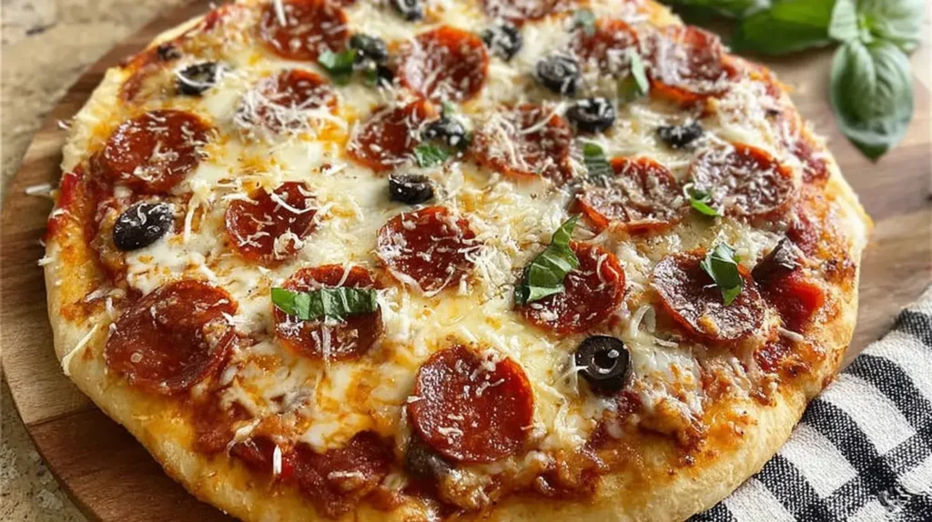 Homemade pepperoni pizza with melted cheese, black olives, and fresh basil served on a wooden board.