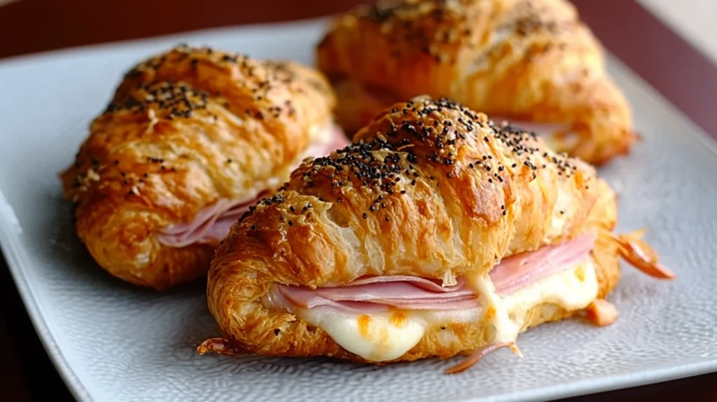 Golden brown savory baked ham and cheese croissants on a white plate, filled with melted cheese and sliced ham, topped with poppy seeds.