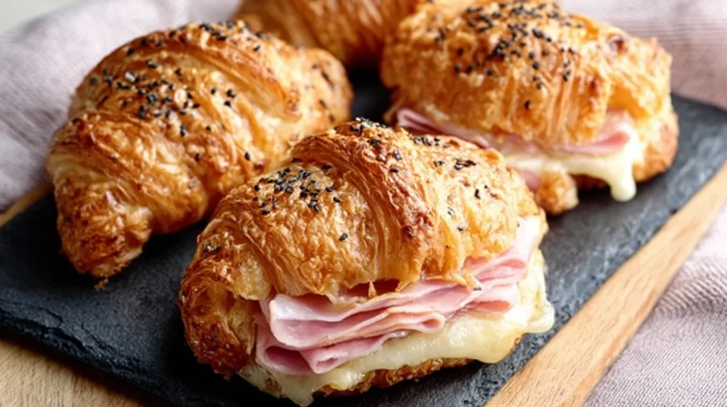 Golden-brown, flaky croissants filled with layers of sliced ham and melting cheese, sprinkled with poppy seeds, arranged on a white textured plate.