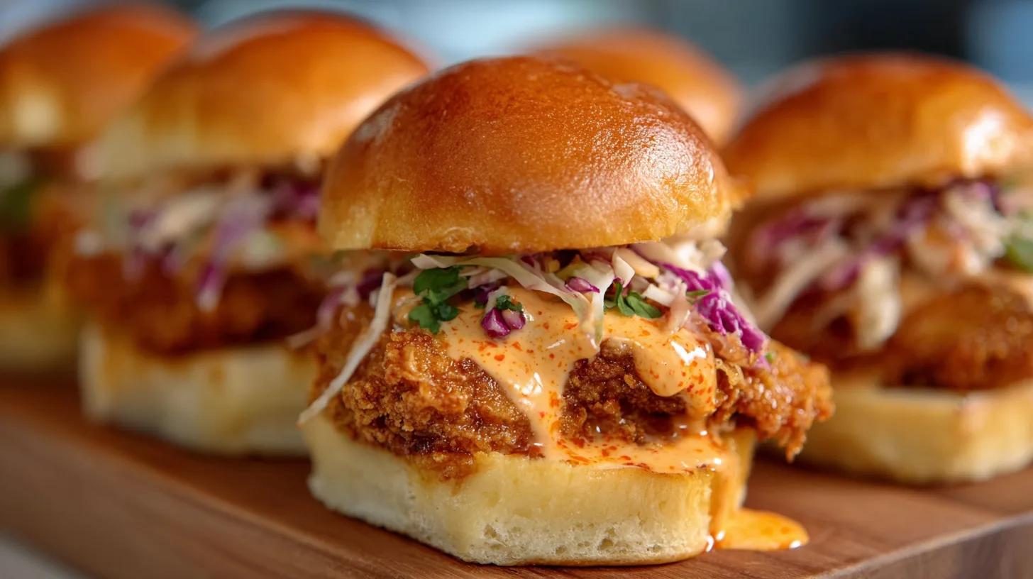 Close-up of crispy Bang Bang Chicken Sliders with creamy spicy sauce and coleslaw on soft toasted buns