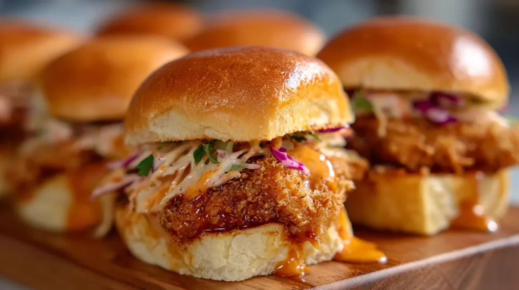 Close-up of crispy Bang Bang Chicken Sliders with creamy sauce and slaw on toasted brioche buns