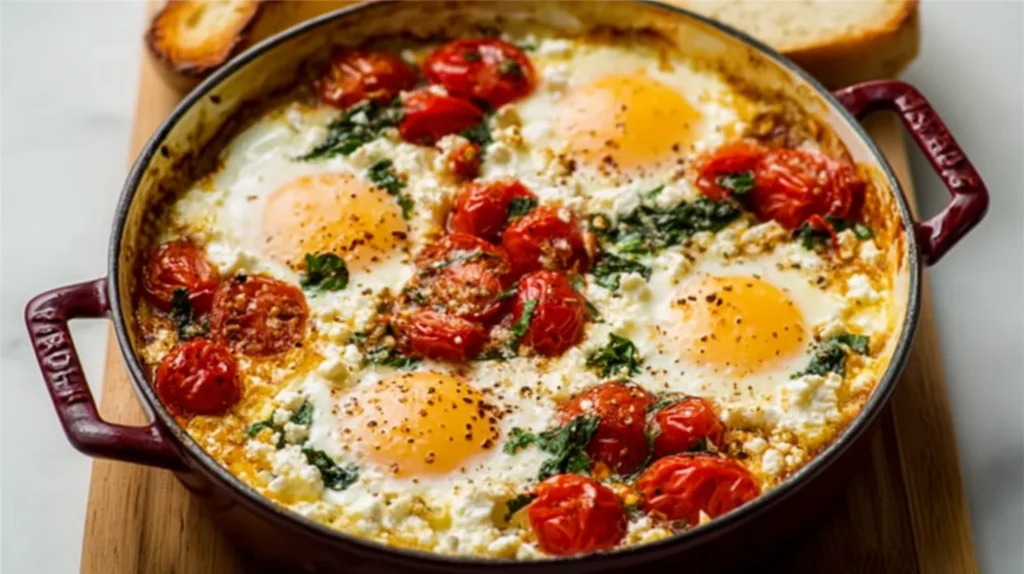 Baked feta eggs with cherry tomatoes and spinach in a red skillet, served hot and garnished with herbs.