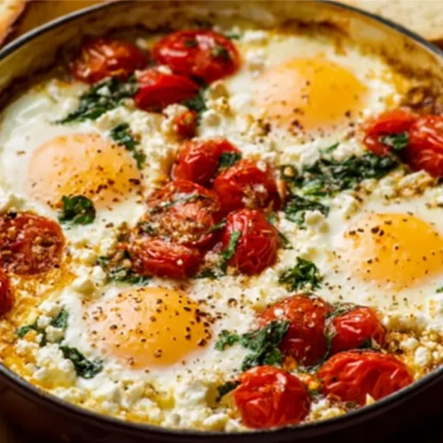 Baked feta eggs with cherry tomatoes and spinach in a red skillet, served hot and garnished with herbs.