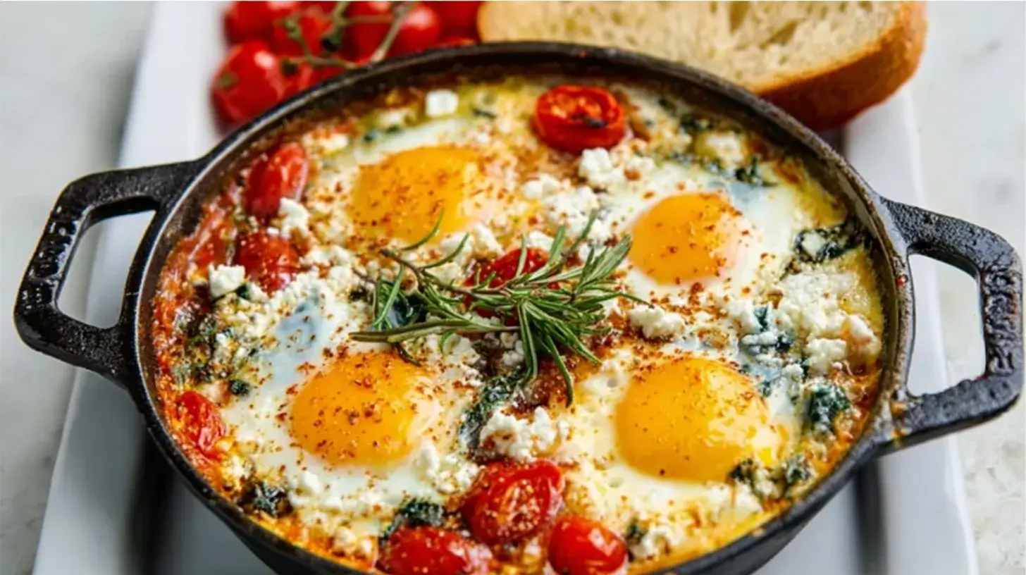 Mediterranean baked feta eggs with cherry tomatoes, spinach, and runny yolks in a red oven-safe skillet.