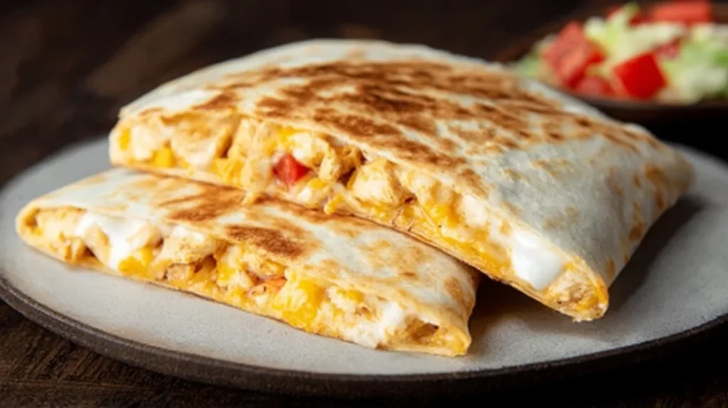 Close-up of a cheesy Taco Bell chicken quesadilla with golden grilled tortilla and creamy filling, served with a side of sour cream.