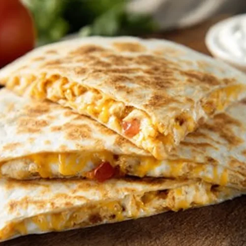Stack of golden, grilled chicken quesadillas filled with melted cheese and creamy sauce, served with a side of sour cream.