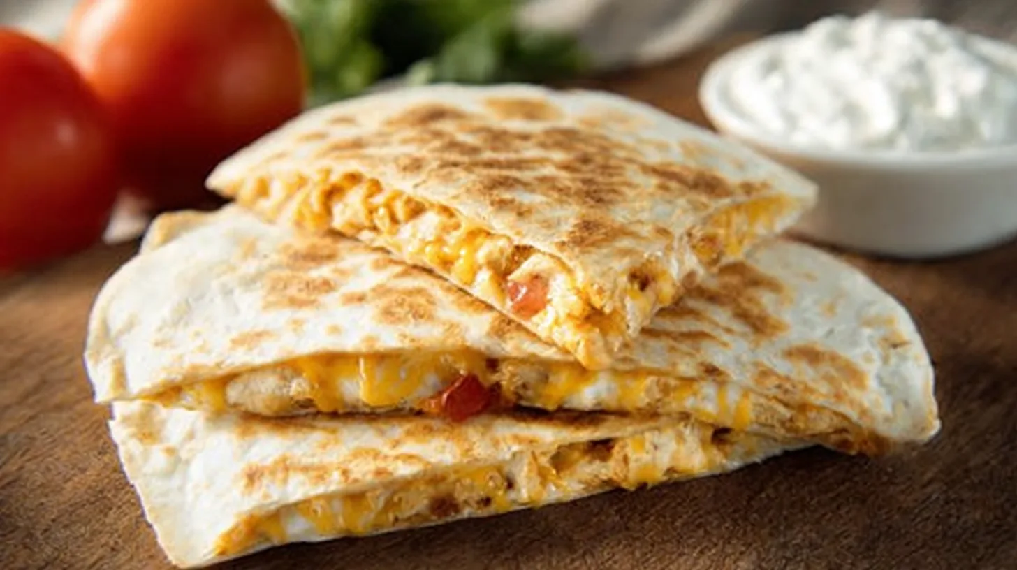 Stack of golden, grilled chicken quesadillas filled with melted cheese and creamy sauce, served with a side of sour cream.
