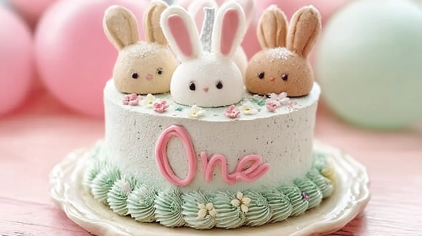 Adorable bunny-themed birthday cake decorated with pastel frosting, fondant bunny toppers, and the word “One” in pink icing.