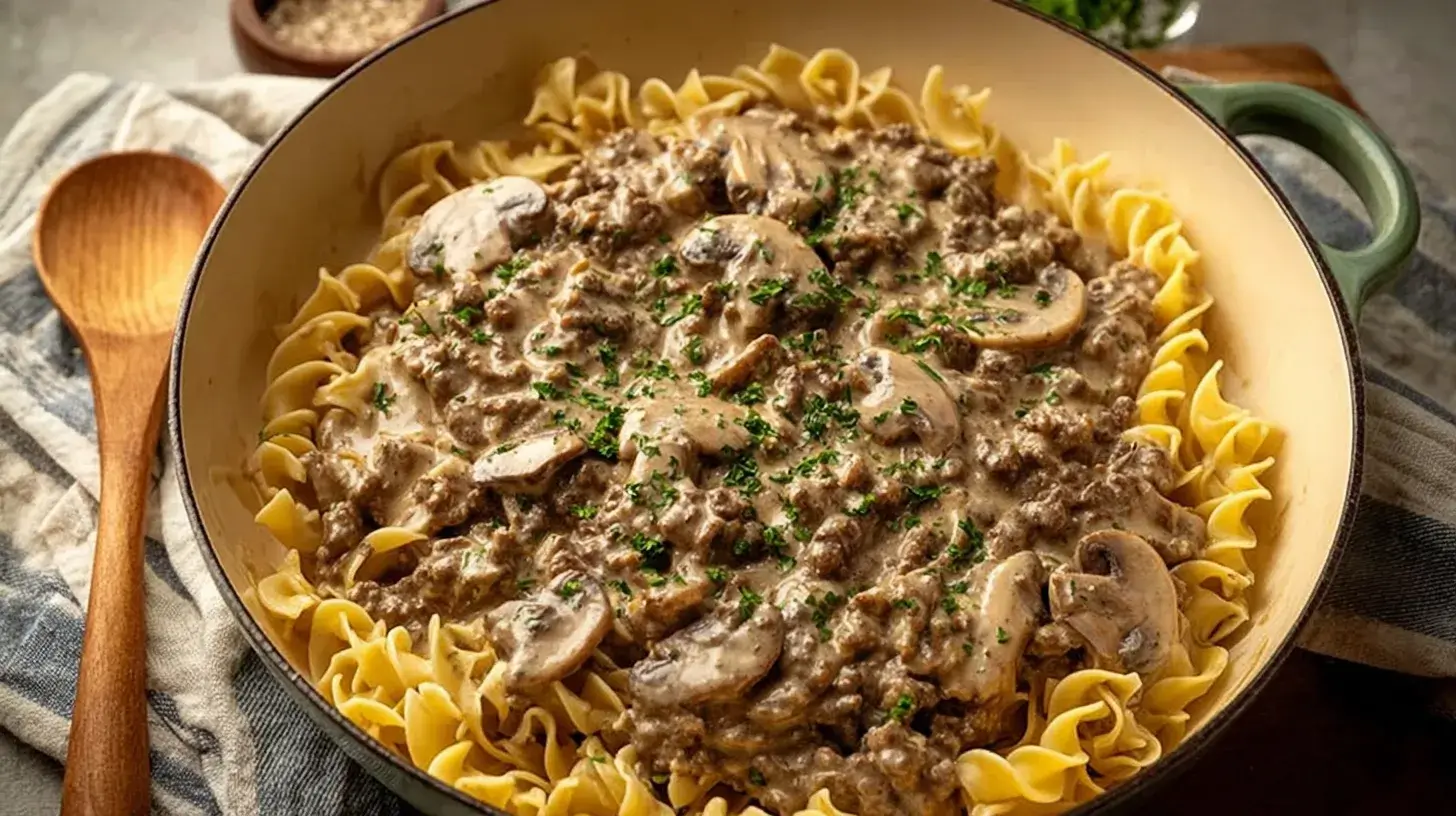 A creamy ground beef stroganoff served over egg noodles in a large skillet, garnished with fresh parsley.