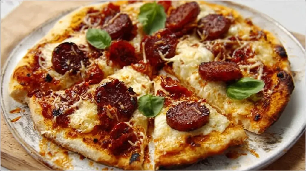 Sliced homemade pizza topped with melted cheese, spicy sausage, tomato sauce, and fresh basil leaves on a plate.