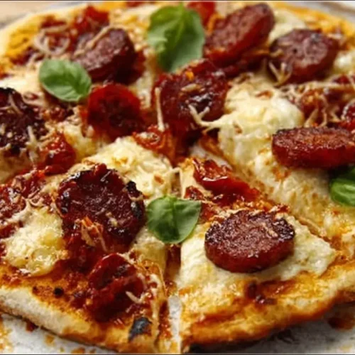 Sliced homemade pizza topped with melted cheese, spicy sausage, tomato sauce, and fresh basil leaves on a plate.