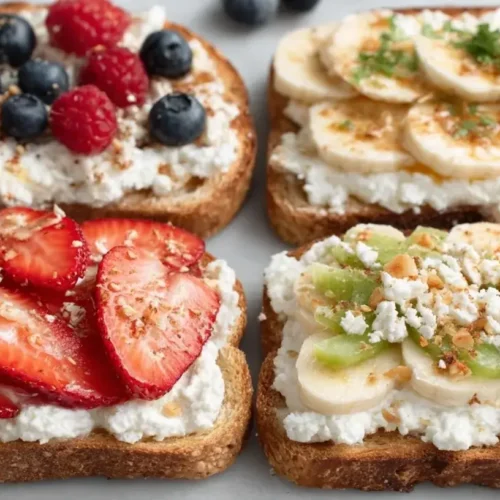 Four slices of toasted bread topped with cottage cheese and fresh fruit, including strawberries and bananas, served on a gray plate.