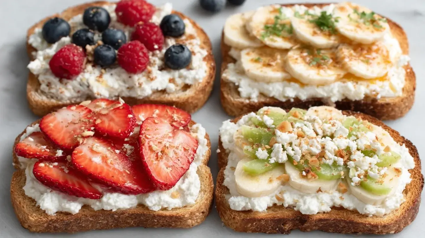 Four slices of toasted bread topped with cottage cheese and fresh fruit, including strawberries and bananas, served on a gray plate.