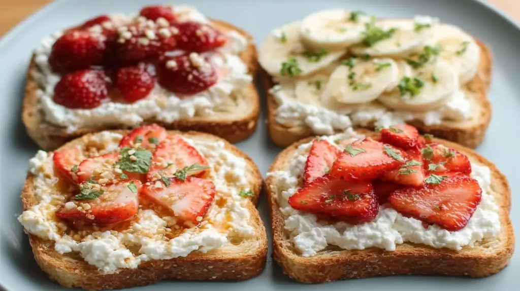 Four slices of toasted bread topped with cottage cheese, strawberries, bananas, herbs, and crushed nuts on a grey plate.