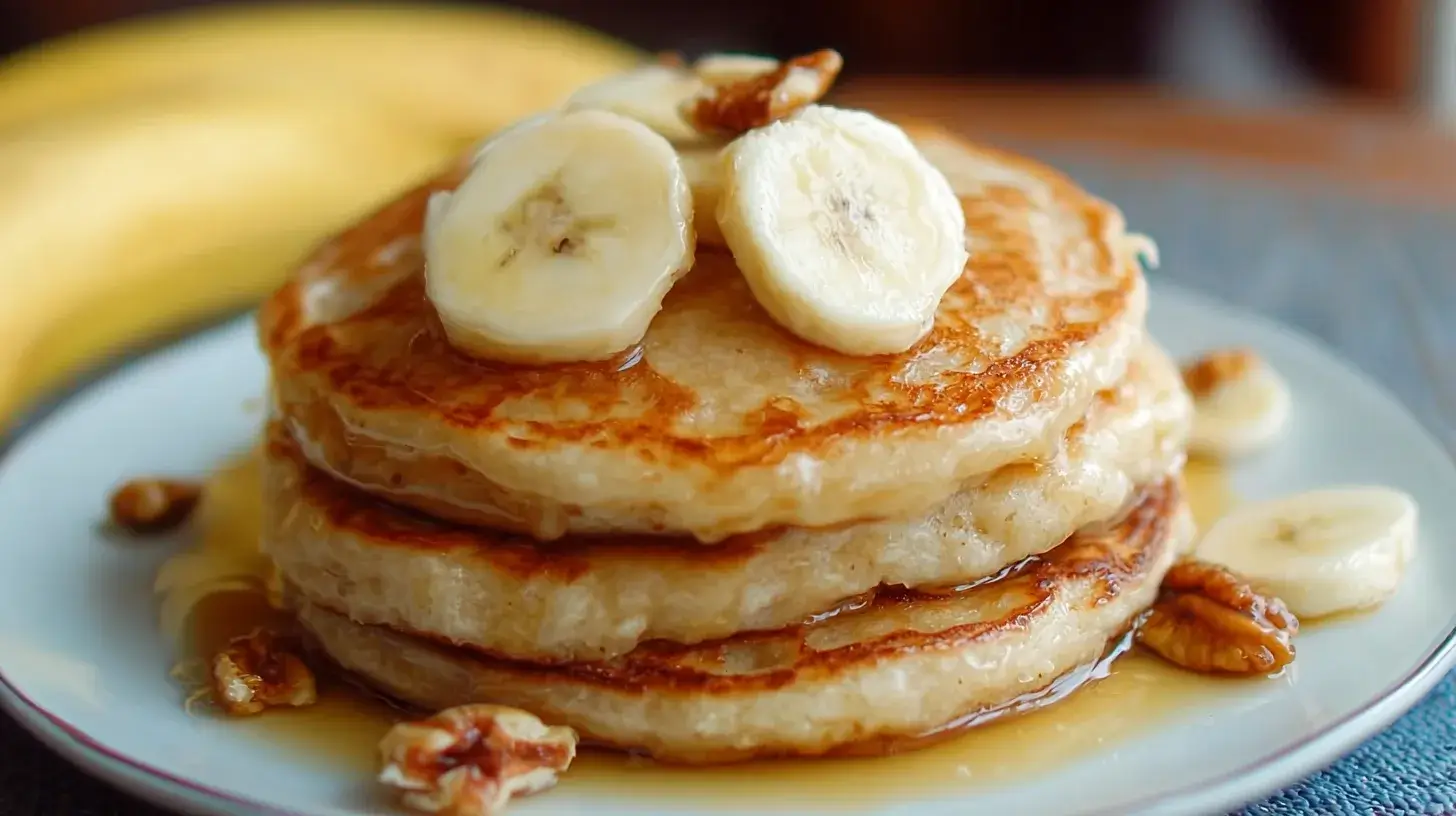 Stack of fluffy banana pancakes topped with fresh banana slices, walnuts, and maple syrup on a white plate.