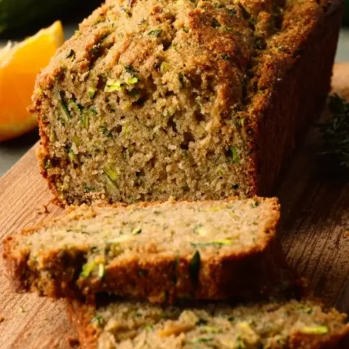 Freshly baked zucchini bread loaf with a golden crust, sliced to show moist texture and flecks of zucchini inside.