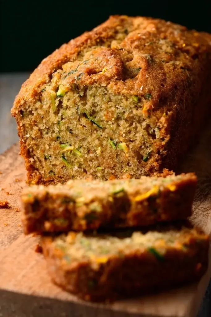 Freshly baked zucchini bread loaf sliced on a wooden board, showing its moist texture and golden crust.