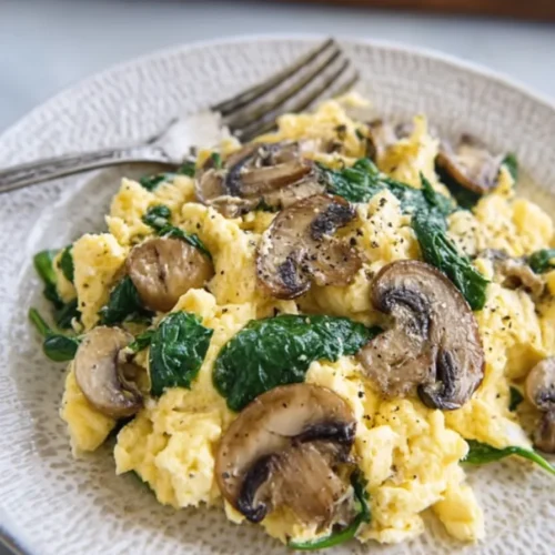 Fluffy scrambled eggs with sautéed mushrooms and fresh spinach on a plate, served with a fork.